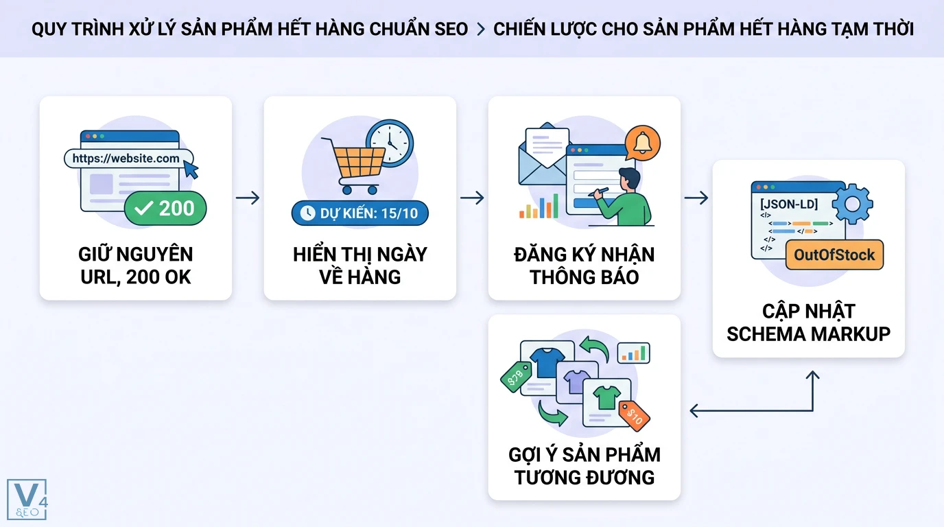 SEO sản phẩm hết hàng là gì? Cách xử lý giữ hạng và tăng doanh số 2 Xử lý sản phẩm hết hàng tạm thời bằng cách giữ URL 200 OK, hiển thị ngày về hàng, gợi ý sản phẩm và cập nhật Schema Markup OutOfStock