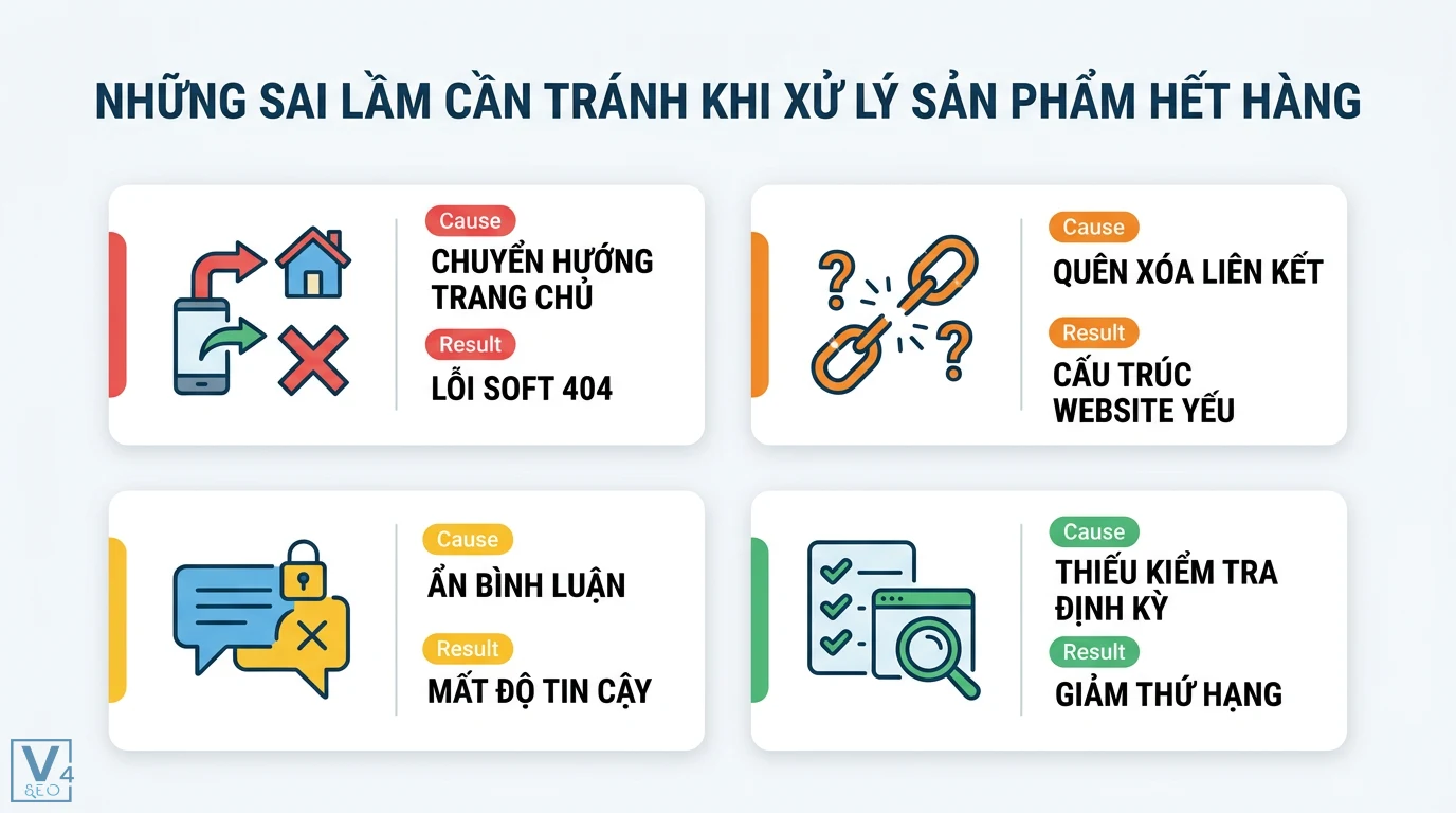 SEO sản phẩm hết hàng là gì? Cách xử lý giữ hạng và tăng doanh số 3 Sai lầm khi xử lý sản phẩm hết hàng gây lỗi soft 404, làm yếu cấu trúc website, mất độ tin cậy và giảm thứ hạng do thiếu kiểm tra định kỳ