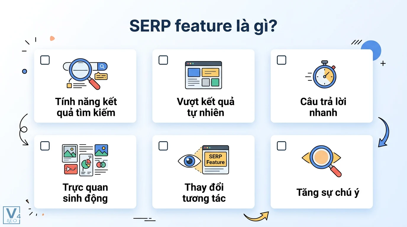 SERP feature là gì? Hướng dẫn tối ưu 10+ loại phổ biến nhất 2026 1 SERP feature cung cấp câu trả lời nhanh và thông tin trực quan giúp tăng sự chú ý cùng khả năng thay đổi tương tác của người dùng trên Google