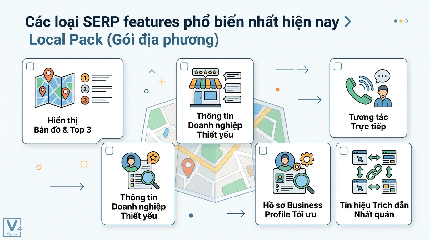 SERP feature là gì? Hướng dẫn tối ưu 10+ loại phổ biến nhất 2026 2 Local Pack hiển thị bản đồ, top 3 doanh nghiệp, tương tác trực tiếp qua hồ sơ Business Profile tối ưu và các tín hiệu trích dẫn nhất quán