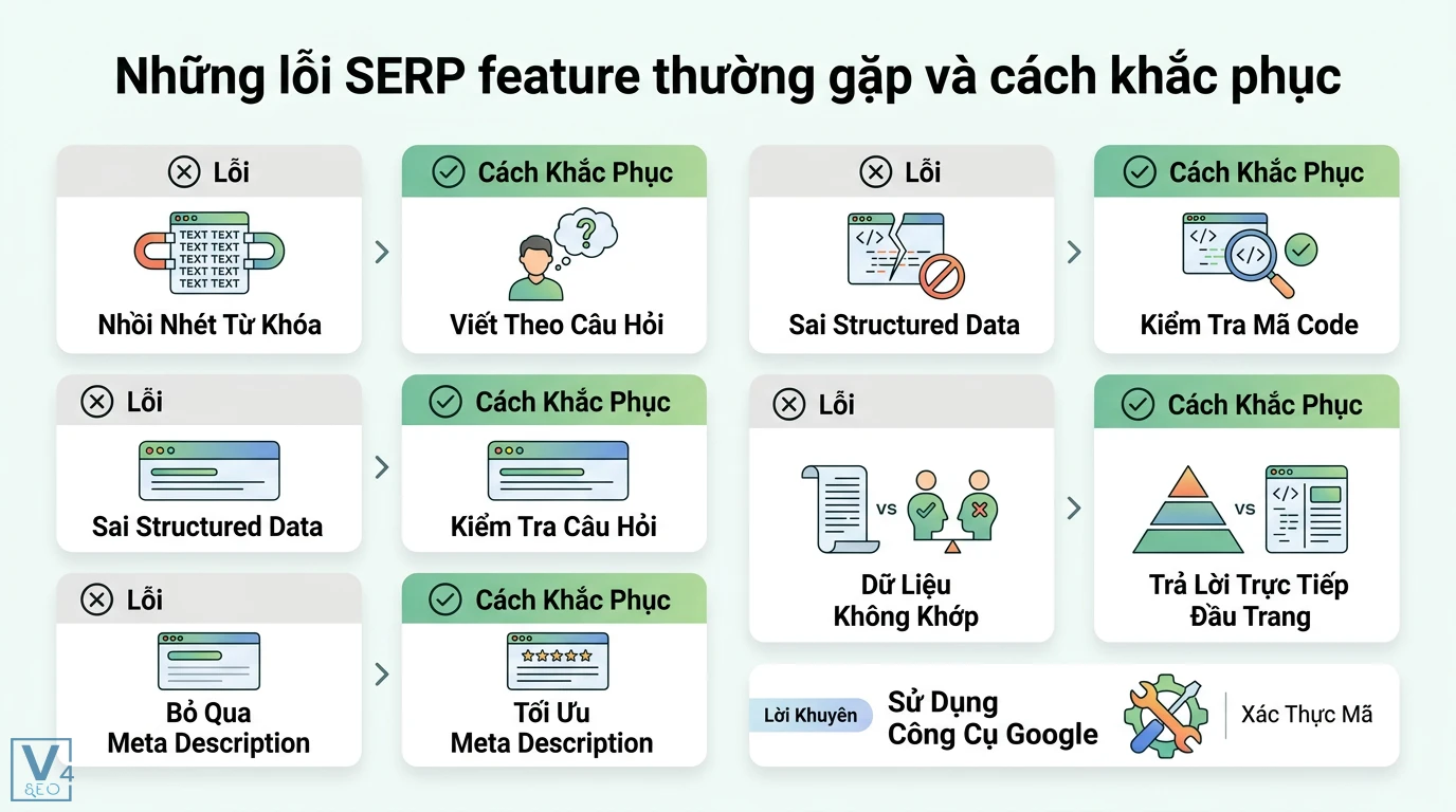 SERP feature là gì? Hướng dẫn tối ưu 10+ loại phổ biến nhất 2026 3 Khắc phục lỗi SERP feature bằng cách tối ưu structured data, meta description và trả lời trực tiếp câu hỏi thay vì nhồi nhét từ khóa