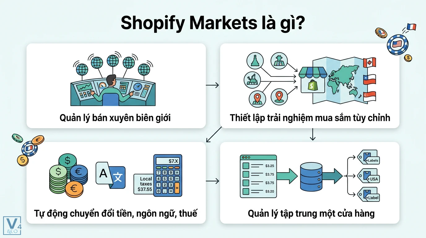 Shopify Markets là gì? Cách tối ưu chuyển đổi khi bán quốc tế 3 Shopify Markets quản lý bán hàng xuyên biên giới, thiết lập trải nghiệm tùy chỉnh, tự động hóa tiền tệ, ngôn ngữ và thuế tập trung tại một cửa hàng