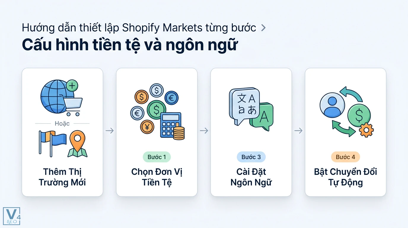 Shopify Markets là gì? Cách tối ưu chuyển đổi khi bán quốc tế 1 Thiết lập Shopify Markets gồm thêm thị trường mới, chọn đơn vị tiền tệ, cài đặt ngôn ngữ và bật tự động chuyển đổi theo địa chỉ IP người dùng