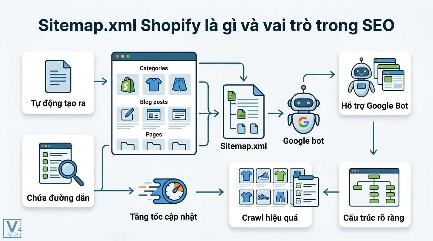 sitemap.xml Shopify là gì? Cách gửi Google Search Console chuẩn 1 Sitemap.xml Shopify tự động tạo ra giúp Google Bot crawl dữ liệu hiệu quả và tăng tốc độ cập nhật nội dung mới trên kết quả tìm kiếm