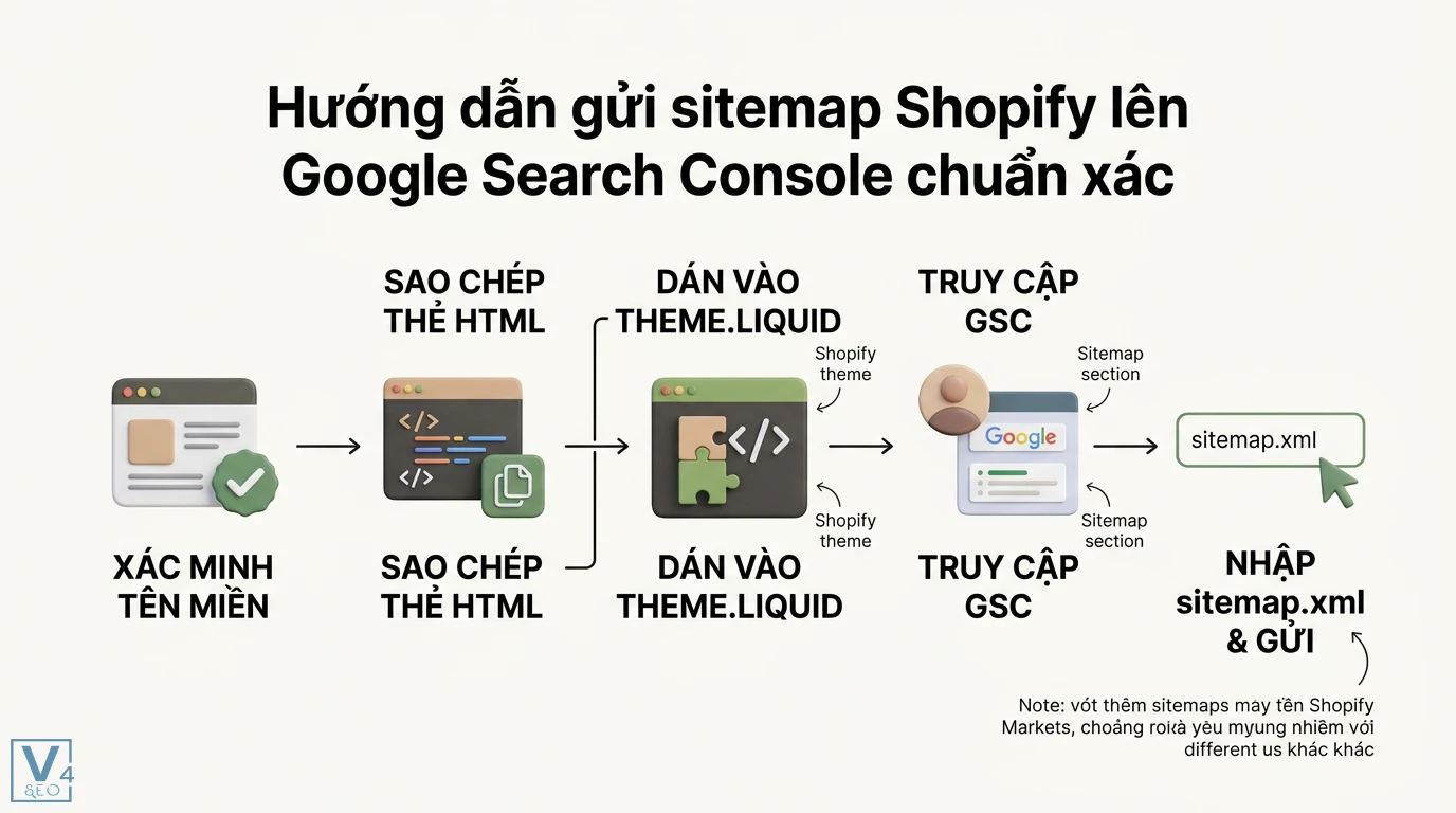 sitemap.xml Shopify là gì? Cách gửi Google Search Console chuẩn 2 Quy trình gửi sitemap Shopify lên Google Search Console gồm xác minh tên miền bằng thẻ HTML trong theme.liquid và nhập sitemap.xml