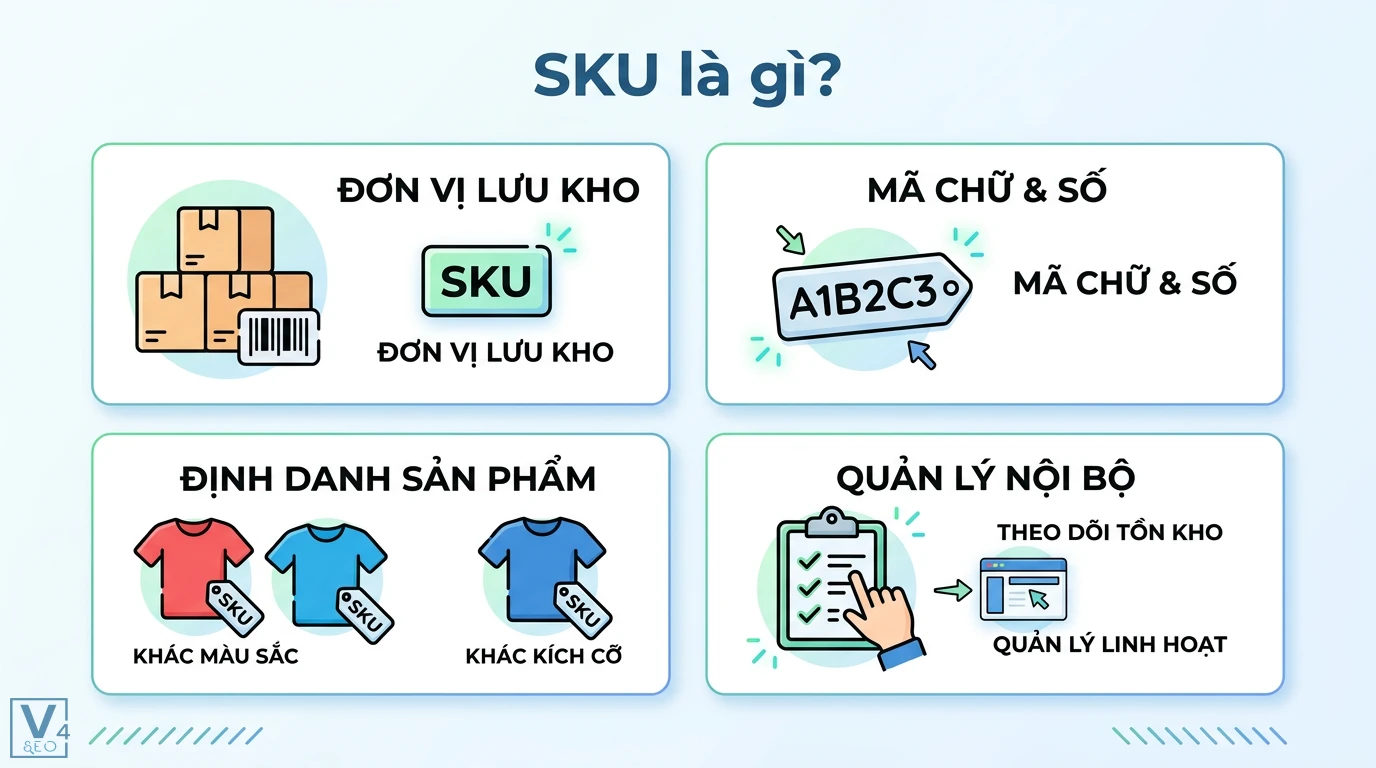 SKU là gì? Cách đặt mã SKU quản lý kho chuẩn và ví dụ thực tế 1 SKU là mã lưu kho giúp định danh sản phẩm theo màu sắc kích cỡ và quản lý tồn kho nội bộ linh hoạt bằng chuỗi ký tự chữ và số
