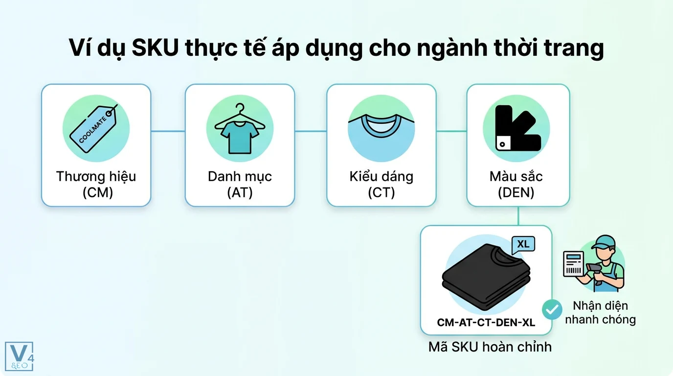 SKU là gì? Cách đặt mã SKU quản lý kho chuẩn và ví dụ thực tế 2 Ví dụ mã SKU CM-AT-CT-DEN-XL cho áo thun Coolmate gồm thương hiệu, danh mục, kiểu dáng, màu sắc, kích thước giúp nhận diện hàng nhanh chóng