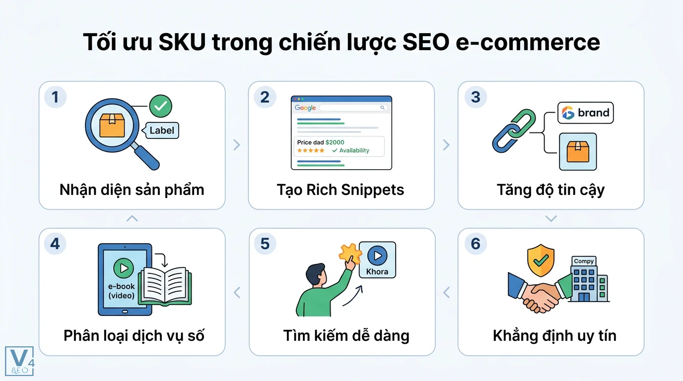SKU là gì? Cách đặt mã SKU quản lý kho chuẩn và ví dụ thực tế 3 Tối ưu SKU hỗ trợ nhận diện sản phẩm, tạo Rich Snippets, phân loại dịch vụ số và khẳng định uy tín thương hiệu trong chiến lược SEO e-commerce