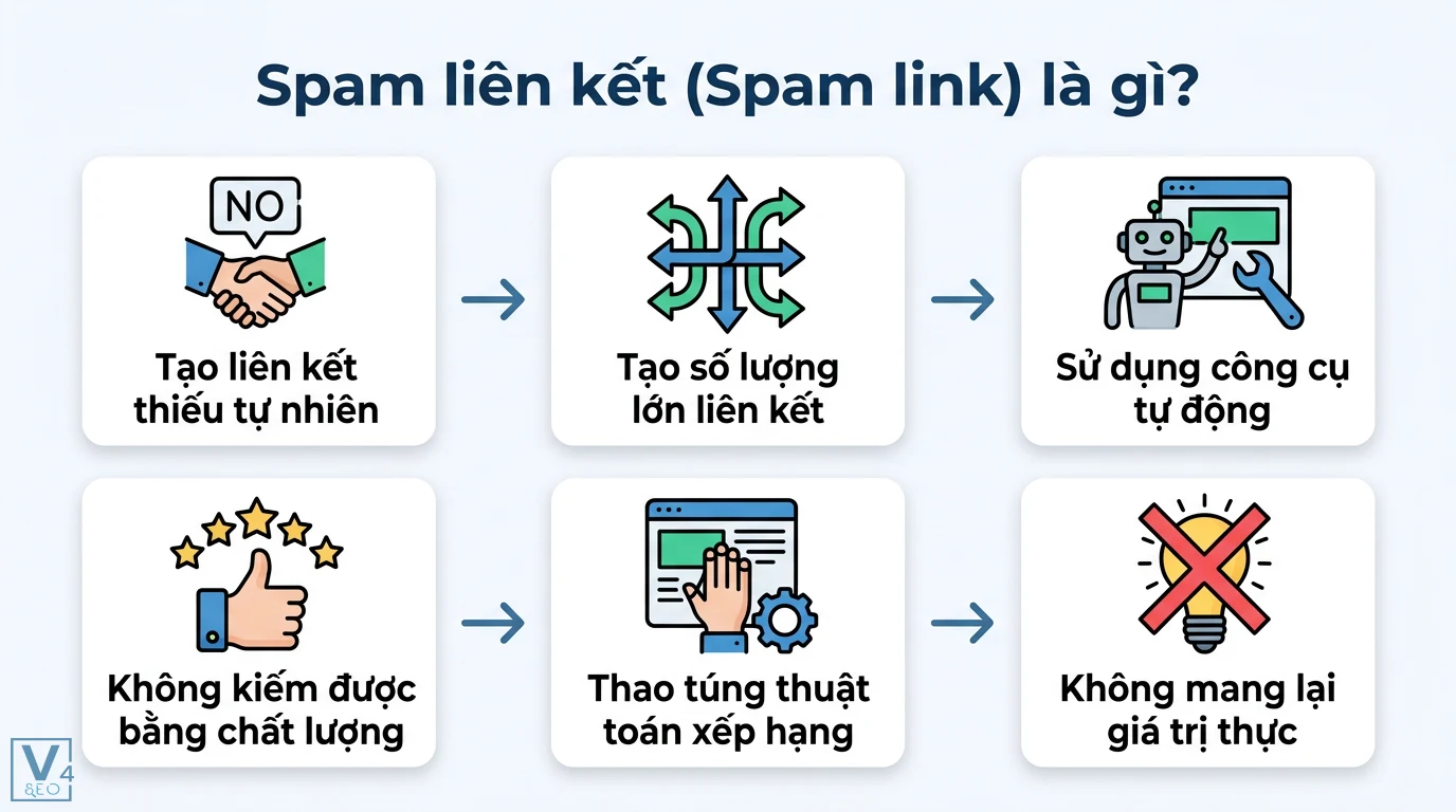 Spam liên kết là gì? Cách kiểm tra và xử lý link bẩn chuẩn Google 1 Spam liên kết là tạo số lượng lớn liên kết thiếu tự nhiên bằng công cụ tự động nhằm thao túng thuật toán mà không mang lại giá trị thực