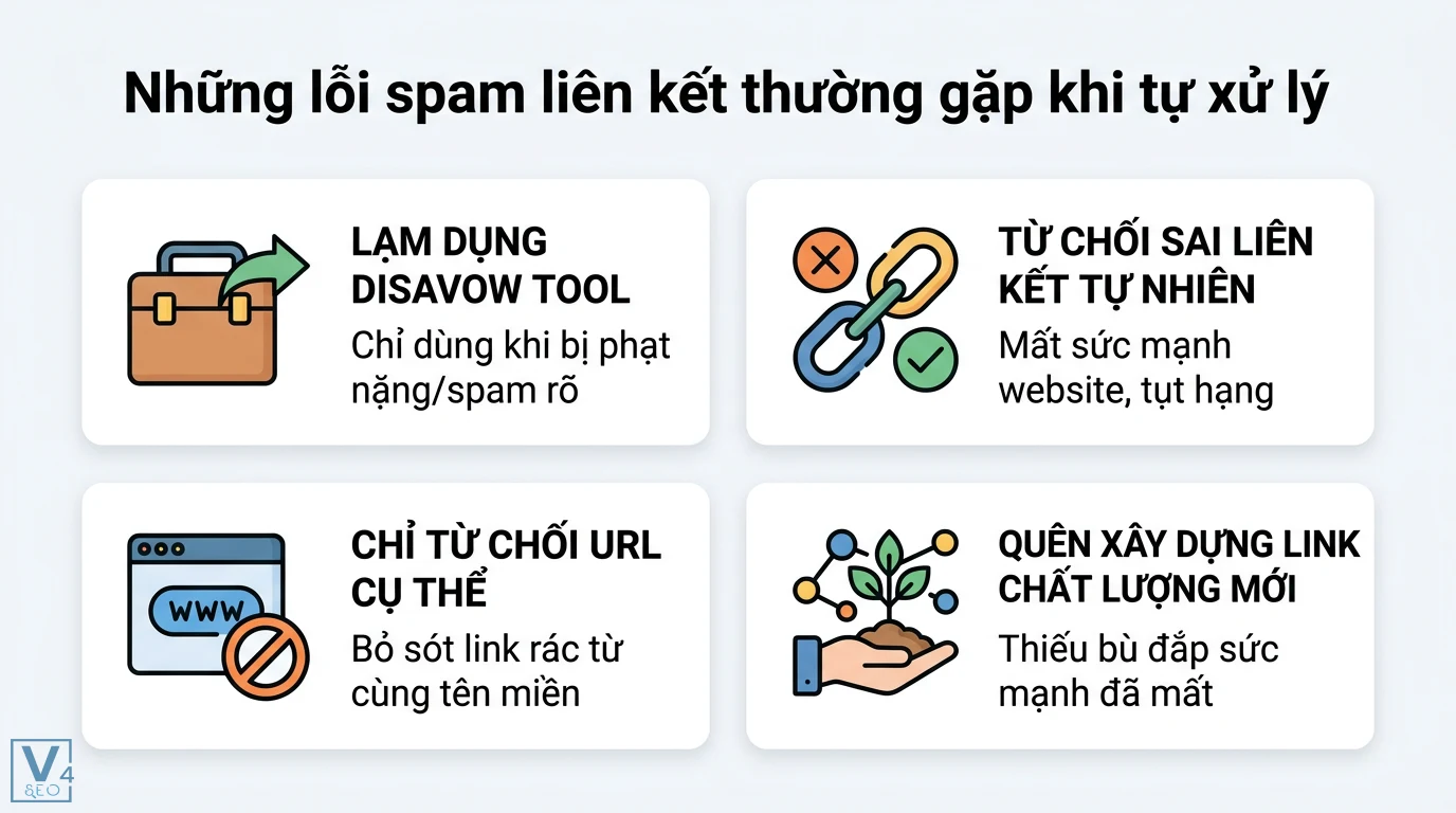 Spam liên kết là gì? Cách kiểm tra và xử lý link bẩn chuẩn Google 3 Các lỗi spam liên kết khi tự xử lý gồm lạm dụng Disavow Tool, từ chối sai liên kết tự nhiên, chỉ từ chối URL và thiếu liên kết chất lượng mới