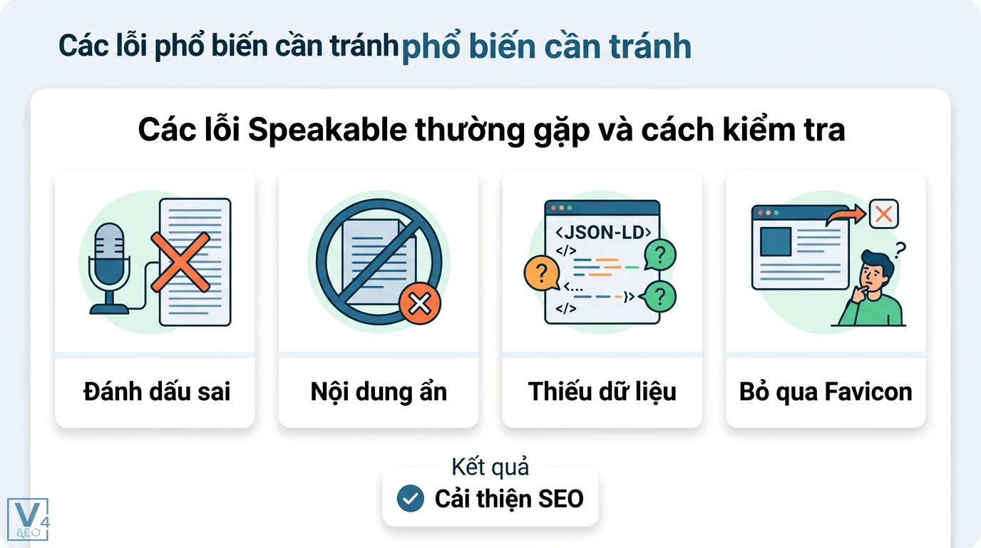 Speakable là gì? Giải nghĩa từ vựng và cách dùng Schema cho SEO 3 Các lỗi Speakable thường gặp như đánh dấu sai, nội dung ẩn, thiếu dữ liệu JSON-LD và bỏ qua favicon cần khắc phục để cải thiện SEO