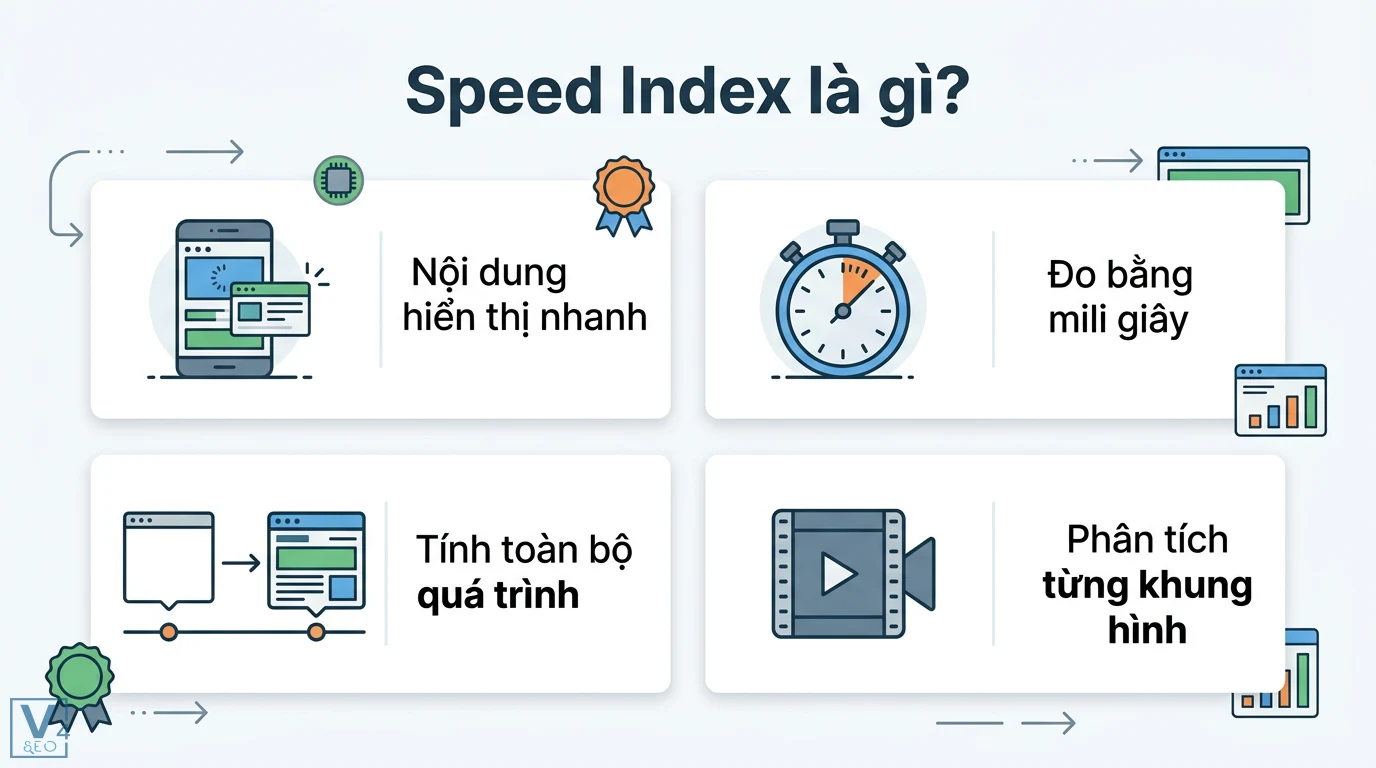 Speed Index là gì? Cách tối ưu chỉ số SI chuẩn Core Web Vitals 1 Speed Index đo lường tốc độ hiển thị nội dung bằng mili giây qua việc phân tích toàn bộ quá trình tải trang và từng khung hình
