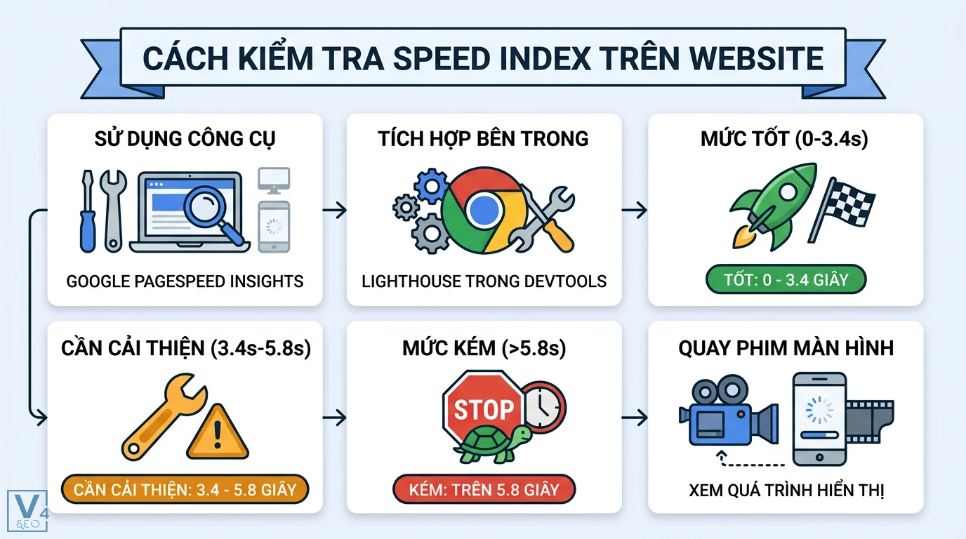 Speed Index là gì? Cách tối ưu chỉ số SI chuẩn Core Web Vitals 2 Kiểm tra Speed Index bằng Google PageSpeed Insights và Lighthouse để phân loại hiệu suất website theo mức tốt, cần cải thiện và kém