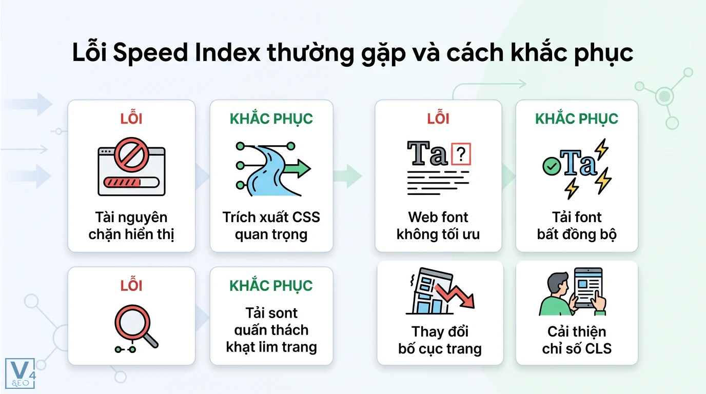Speed Index là gì? Cách tối ưu chỉ số SI chuẩn Core Web Vitals 3 Khắc phục lỗi Speed Index bằng cách trích xuất CSS quan trọng, tải web font bất đồng bộ và cải thiện chỉ số CLS để tối ưu tốc độ tải trang
