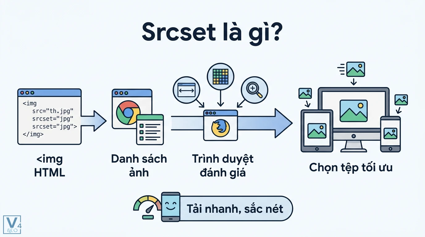 Srcset là gì? Hướng dẫn tối ưu ảnh Responsive tăng tốc độ website 1 Cơ chế srcset giúp trình duyệt đánh giá kích cỡ thiết bị và độ phân giải để chọn tệp tối ưu giúp trang web tải nhanh và sắc nét