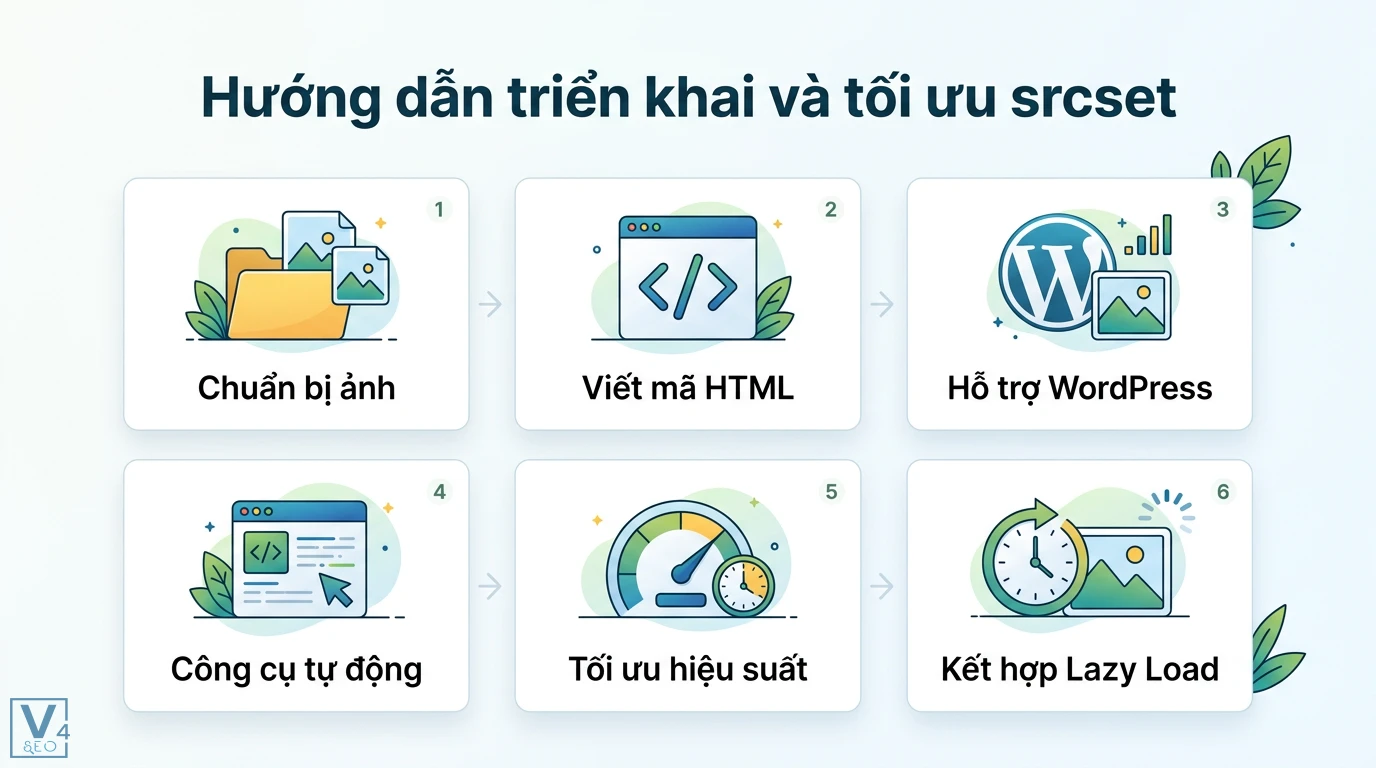 Srcset là gì? Hướng dẫn tối ưu ảnh Responsive tăng tốc độ website 2 Triển khai và tối ưu srcset gồm chuẩn bị ảnh, viết mã HTML, hỗ trợ WordPress, công cụ tự động, tối ưu hiệu suất và kết hợp lazy load