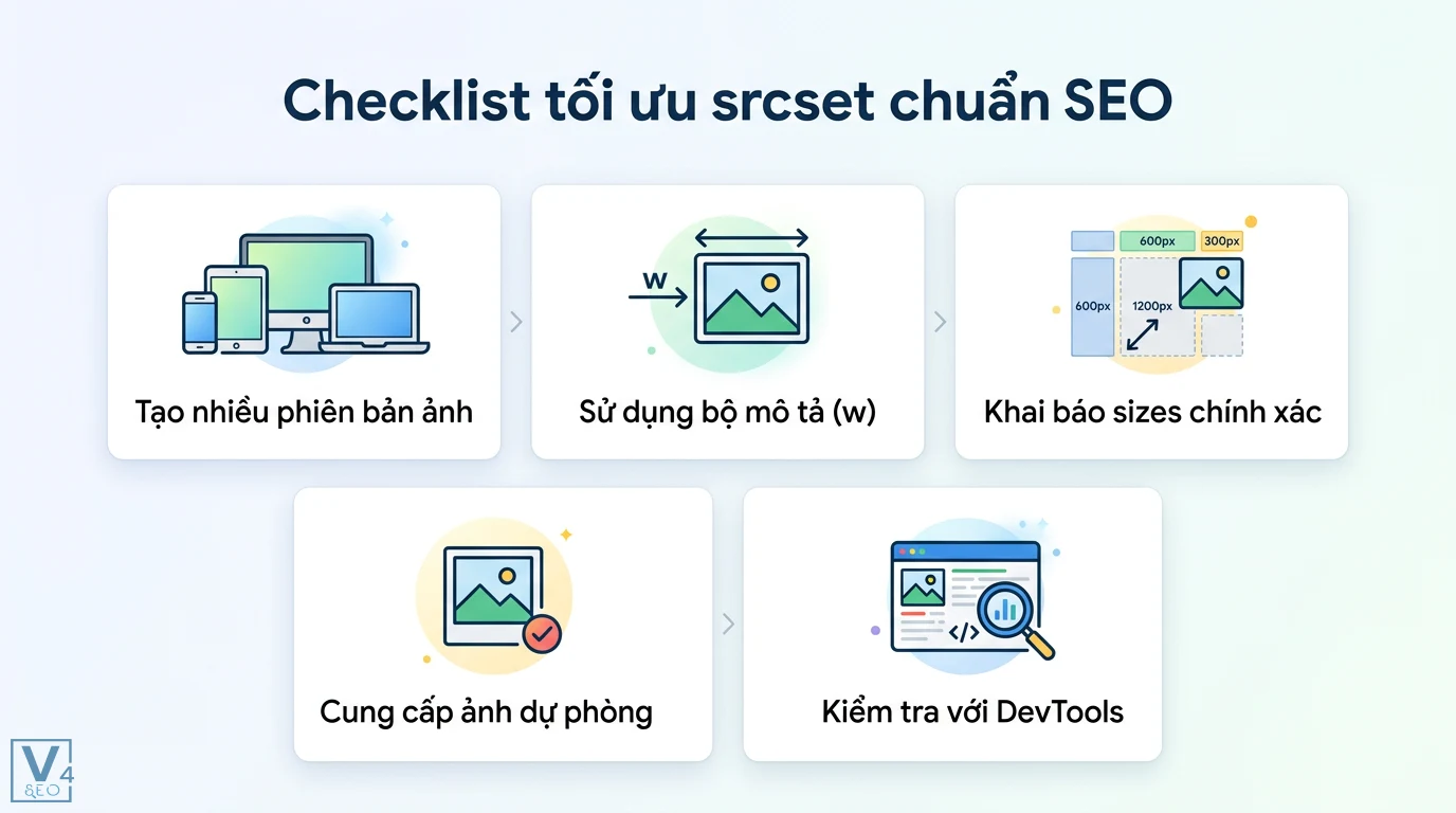 Srcset là gì? Hướng dẫn tối ưu ảnh Responsive tăng tốc độ website 3 Checklist tối ưu srcset chuẩn SEO gồm tạo đa dạng kích thước ảnh, dùng bộ mô tả w, khai báo sizes, ảnh dự phòng và kiểm tra bằng DevTools