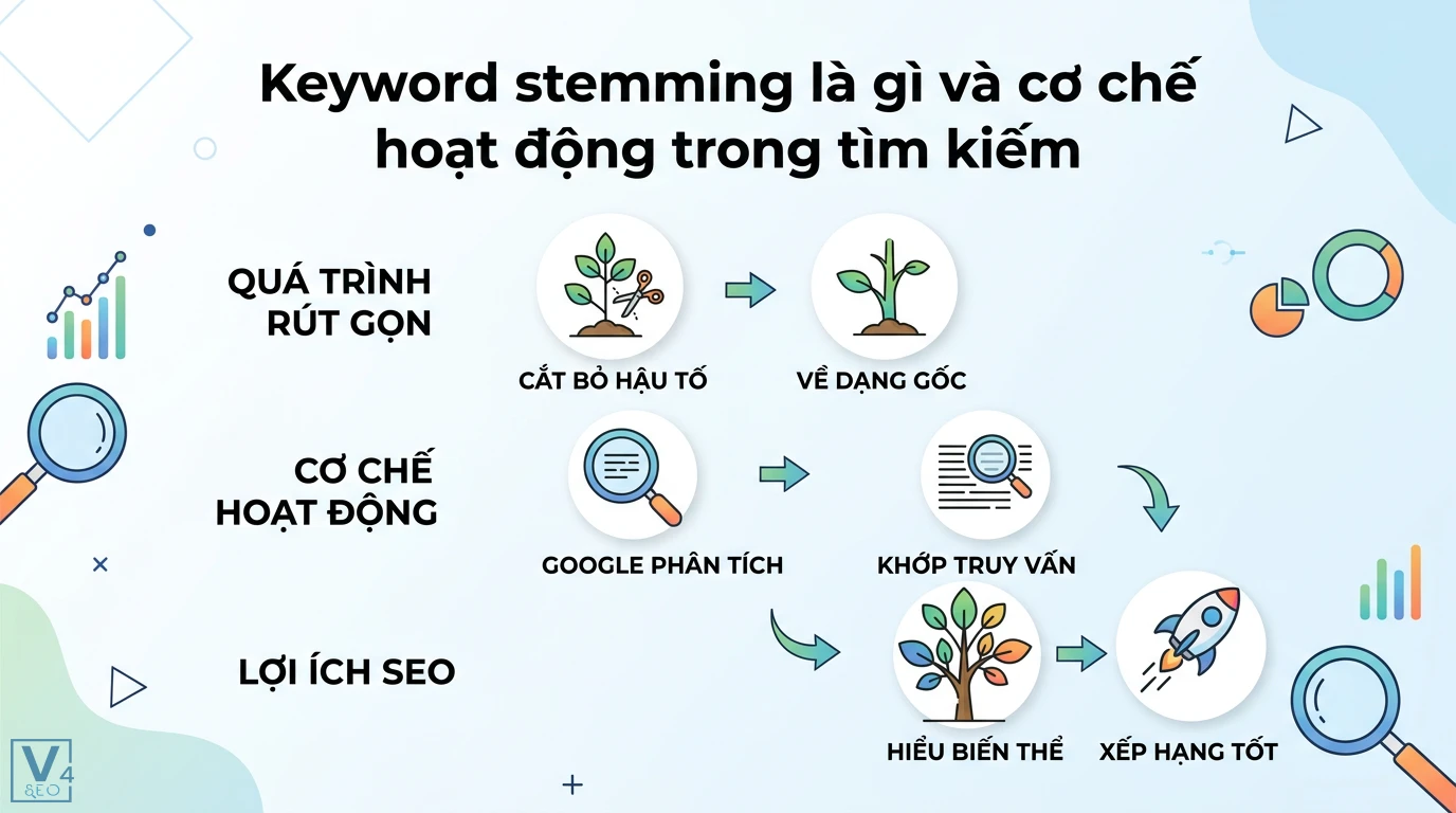 Stemming từ khóa là gì? So sánh Lemmatization và ví dụ thực tế 1 Keyword stemming và cơ chế hoạt động từ việc cắt bỏ hậu tố về dạng gốc đến khi Google phân tích khớp truy vấn giúp tối ưu xếp hạng SEO