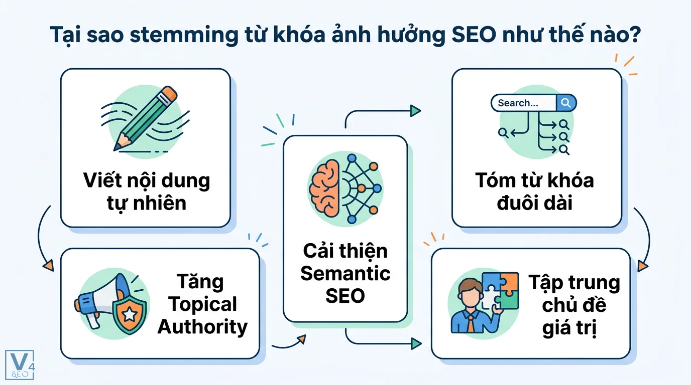 Stemming từ khóa là gì? So sánh Lemmatization và ví dụ thực tế 2 Lợi ích của stemming từ khóa giúp viết nội dung tự nhiên, tóm từ khóa đuôi dài, cải thiện Semantic SEO và tăng Topical Authority cho website