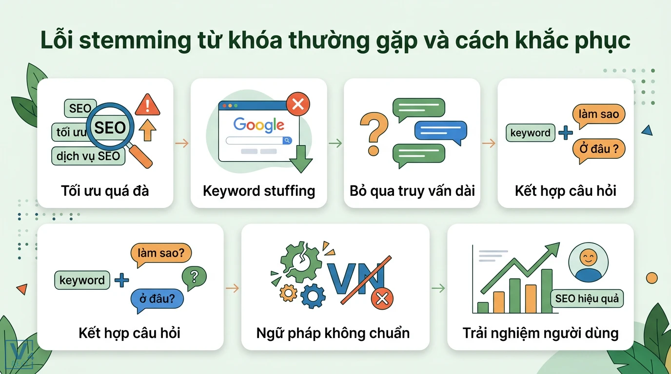 Stemming từ khóa là gì? So sánh Lemmatization và ví dụ thực tế 3 Khắc phục lỗi stemming từ khóa thường gặp như keyword stuffing, truy vấn dài và ngữ pháp không chuẩn để nâng cao trải nghiệm người dùng