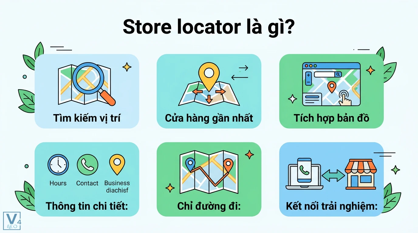 Store locator là gì? Cách tối ưu Local SEO và tăng tỷ lệ chuyển đổi 1 Store locator hỗ trợ tìm kiếm vị trí cửa hàng gần nhất, tích hợp bản đồ, cung cấp thông tin chi tiết, chỉ đường đi và kết nối trải nghiệm