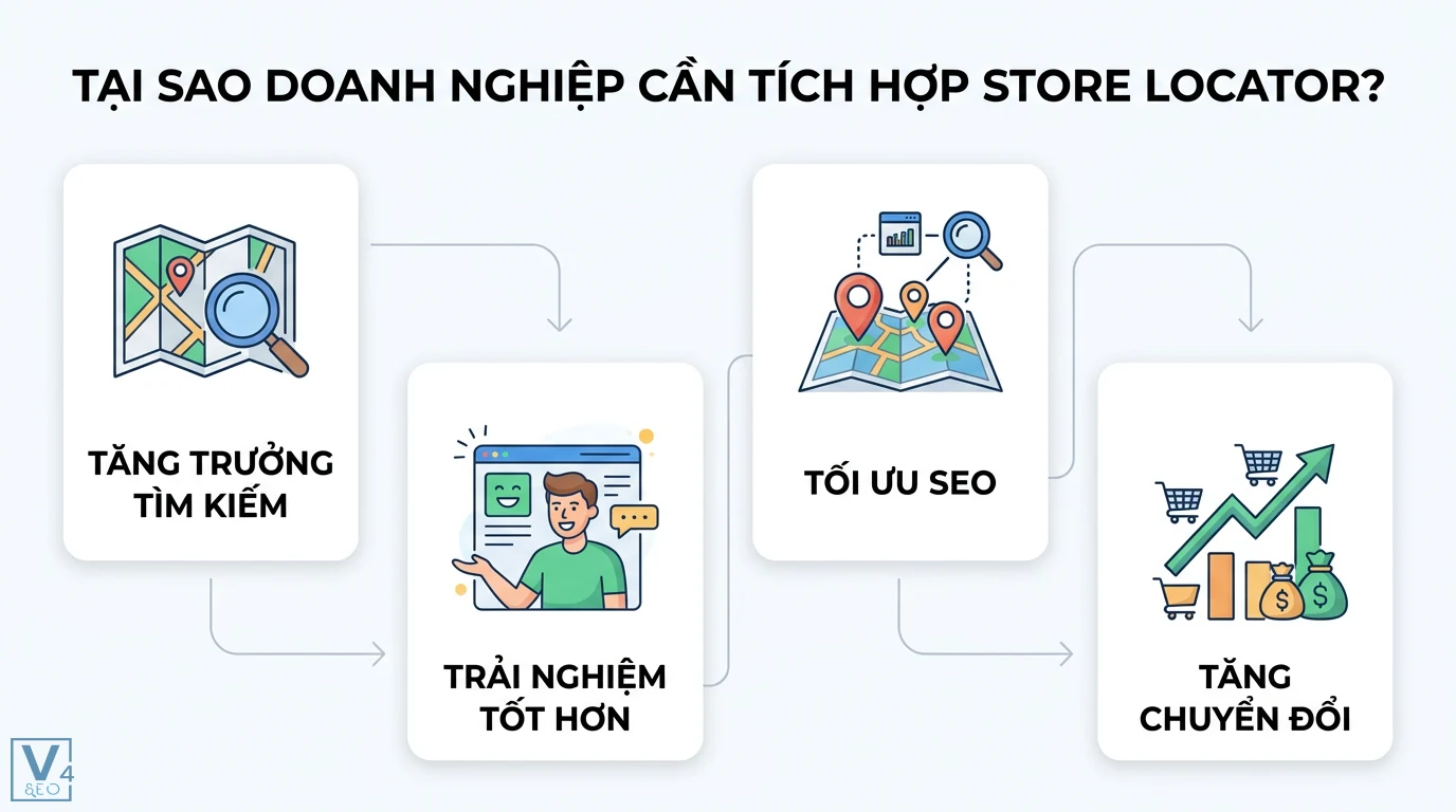 Store locator là gì? Cách tối ưu Local SEO và tăng tỷ lệ chuyển đổi 2 Lợi ích tích hợp store locator giúp tăng trưởng tìm kiếm, cải thiện trải nghiệm khách hàng, tối ưu Local SEO và nâng cao tỷ lệ chuyển đổi