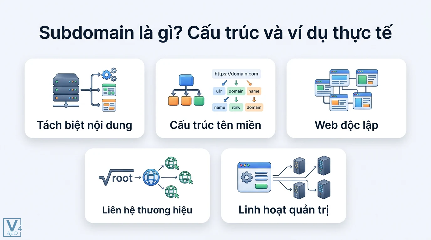 Subdomain là gì? Hướng dẫn tên miền phụ và so sánh SEO chi tiết 1 Subdomain giúp tách biệt nội dung, quản trị linh hoạt website độc lập và tối ưu cấu trúc tên miền dựa trên mối liên hệ thương hiệu của doanh nghiệp