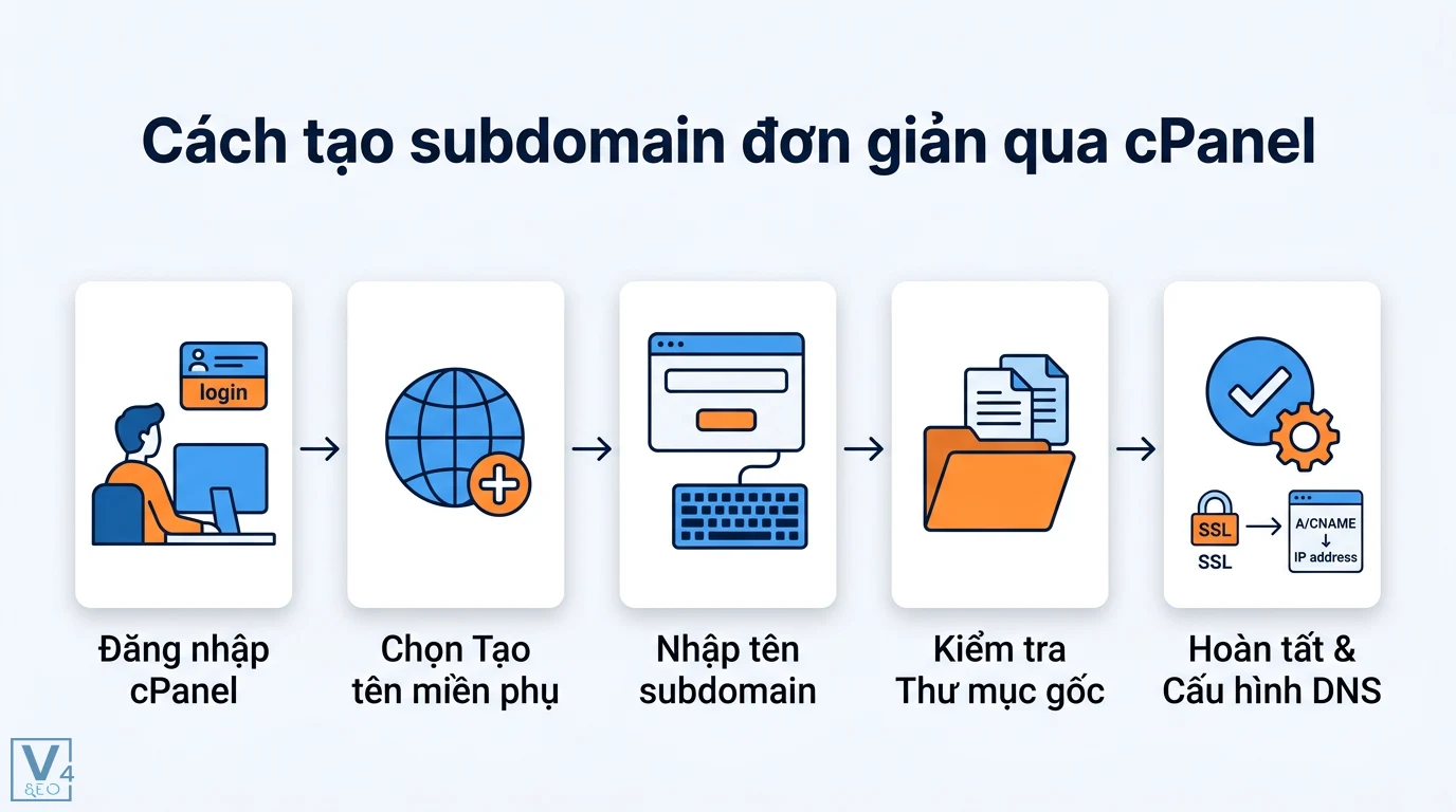 Subdomain là gì? Hướng dẫn tên miền phụ và so sánh SEO chi tiết 2 Quy trình tạo subdomain qua cPanel gồm đăng nhập, tạo tên miền phụ, nhập tên subdomain, kiểm tra thư mục gốc và cấu hình DNS cùng SSL