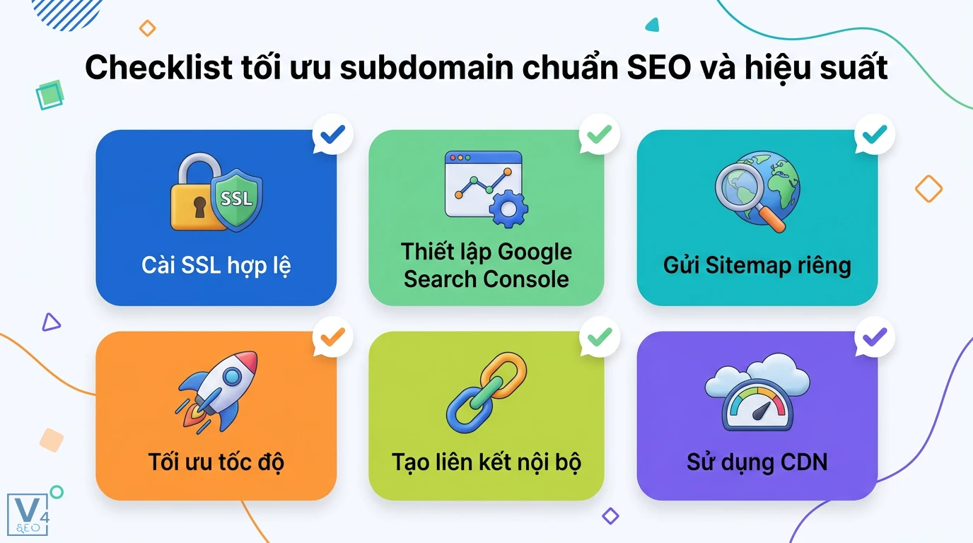 Subdomain là gì? Hướng dẫn tên miền phụ và so sánh SEO chi tiết 3 Checklist tối ưu subdomain chuẩn SEO và hiệu suất gồm cài SSL, Google Search Console, sitemap riêng, tốc độ trang, liên kết nội bộ và dùng CDN