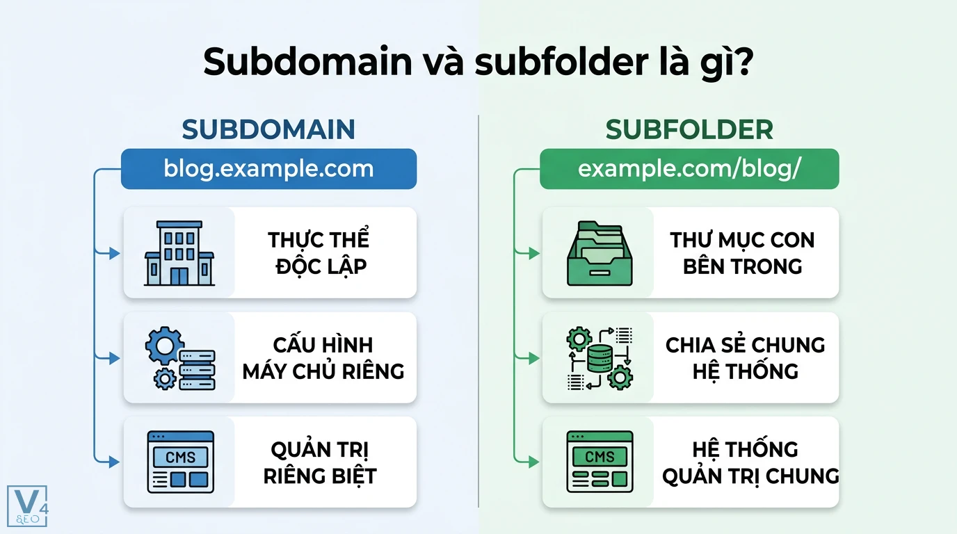 Subdomain vs subfolder là gì? Ma trận chọn cấu trúc chuẩn SEO 1 Subdomain blog.example.com là thực thể độc lập có máy chủ riêng và subfolder example.com/blog/ chia sẻ chung hệ thống quản trị