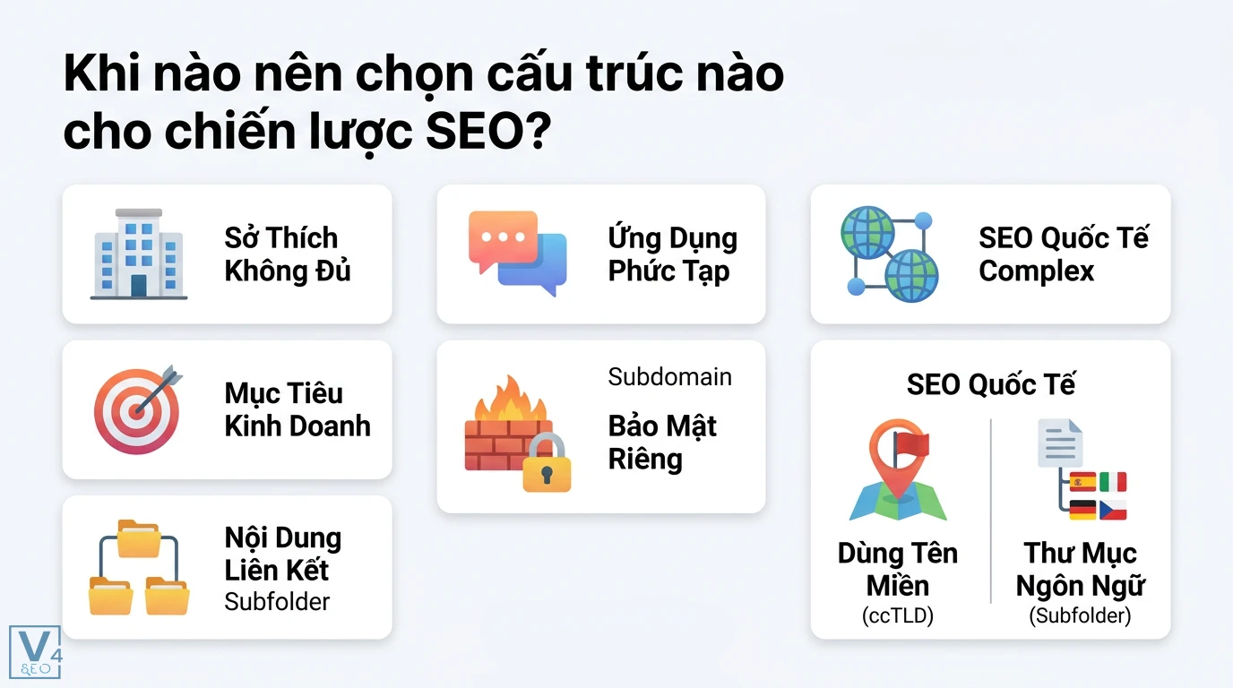 Subdomain vs subfolder là gì? Ma trận chọn cấu trúc chuẩn SEO 2 Tiêu chí chọn cấu trúc SEO dựa trên mục tiêu kinh doanh, subfolder cho nội dung liên kết, subdomain bảo mật và ccTLD cho SEO quốc tế