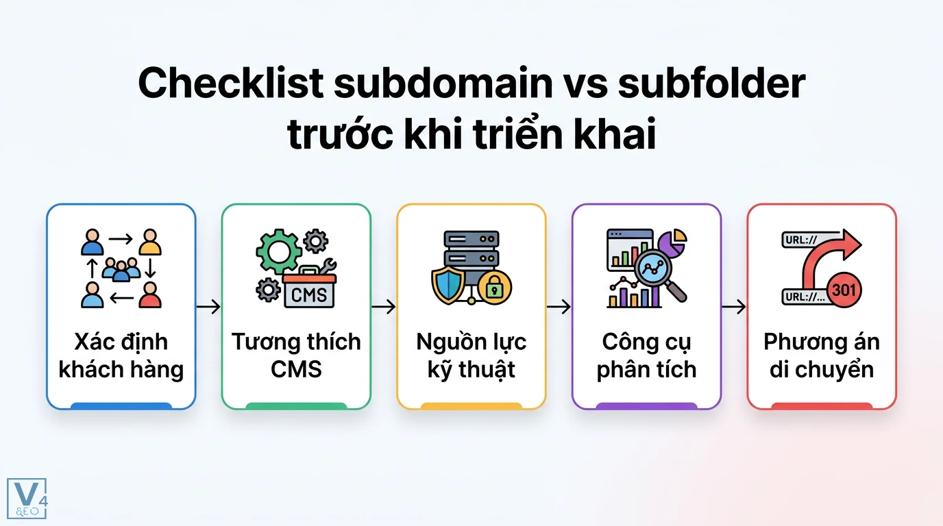 Subdomain vs subfolder là gì? Ma trận chọn cấu trúc chuẩn SEO 3 Checklist subdomain vs subfolder gồm xác định khách hàng, tương thích CMS, nguồn lực kỹ thuật, công cụ phân tích và phương án di chuyển 301