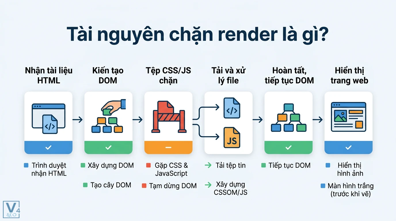 Tài nguyên chặn render là gì? Cách tối ưu LCP và tốc độ trang web 3 Tài nguyên chặn render gồm CSS và JavaScript làm gián đoạn quá trình xây dựng DOM và CSSOM dẫn đến sự chậm trễ khi hiển thị trang web