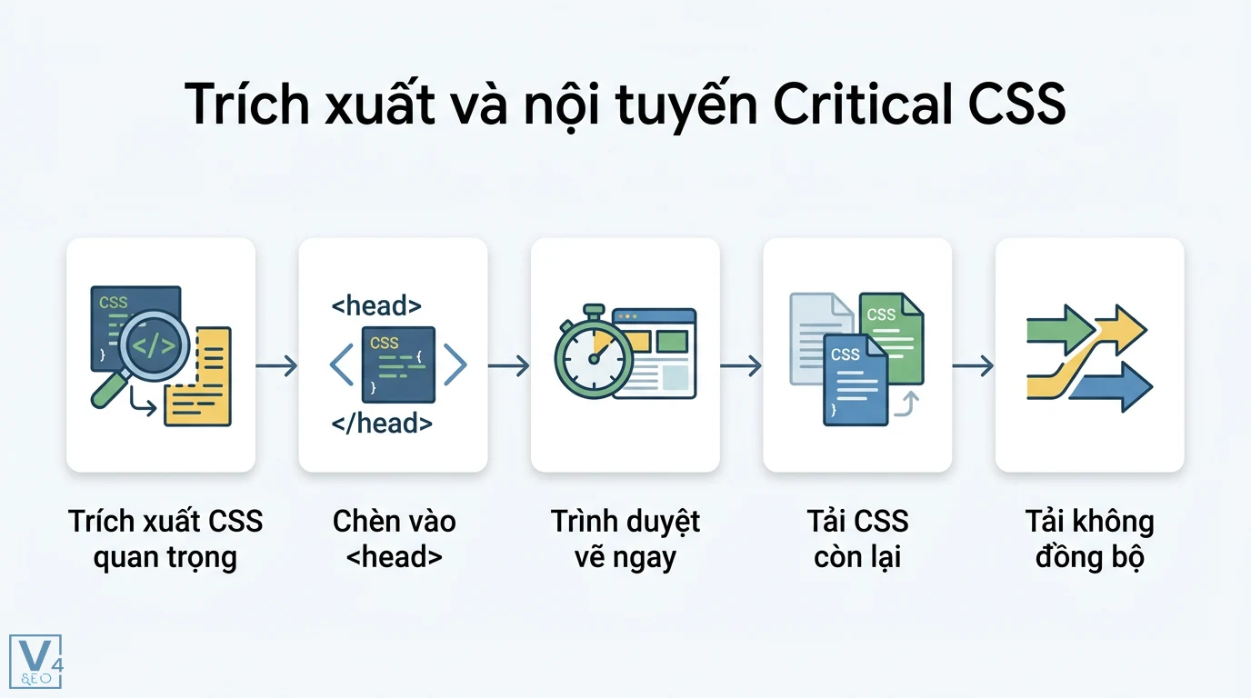 Tài nguyên chặn render là gì? Cách tối ưu LCP và tốc độ trang web 1 Quy trình trích xuất và nội tuyến Critical CSS giúp trình duyệt hiển thị trang ngay lập tức và tải không đồng bộ các tệp CSS còn lại