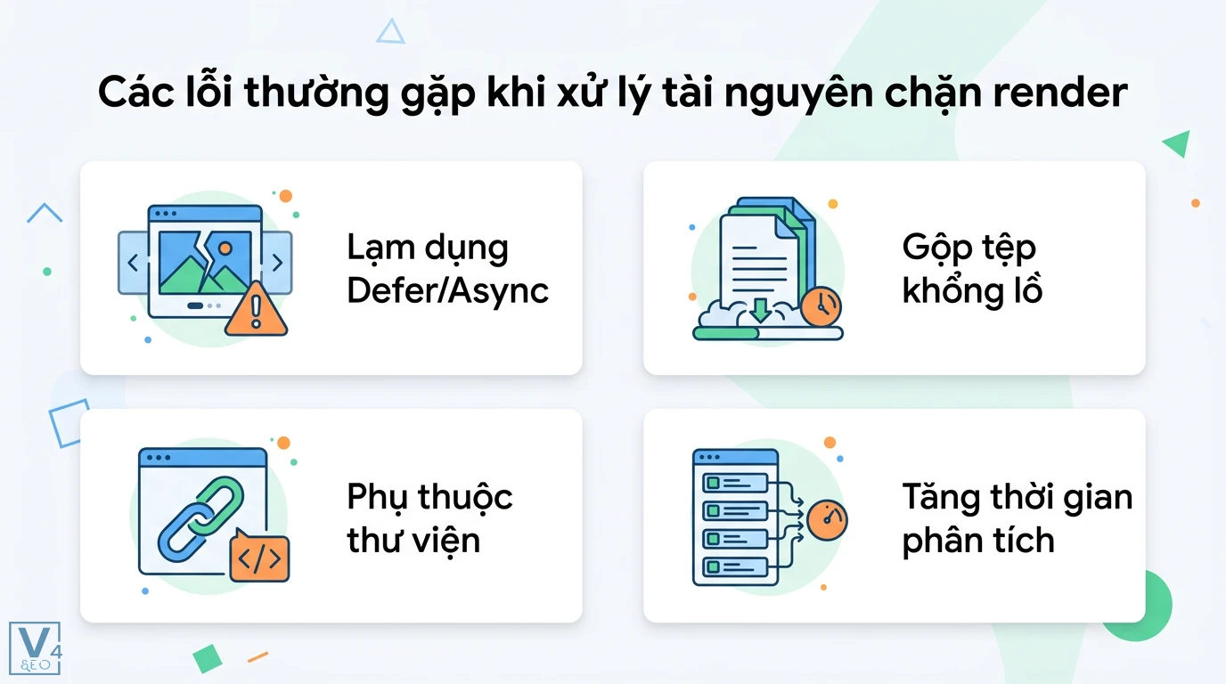Tài nguyên chặn render là gì? Cách tối ưu LCP và tốc độ trang web 2 Các lỗi khi xử lý tài nguyên chặn render gồm lạm dụng defer async, gộp tệp khổng lồ, phụ thuộc thư viện và tăng thời gian phân tích cú pháp