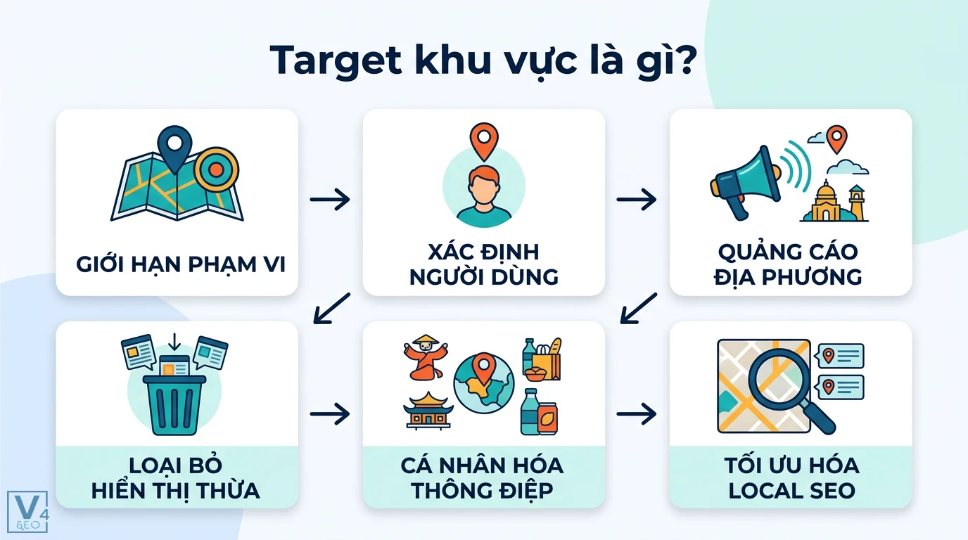Target khu vực là gì? Bí quyết tối ưu vị trí địa lý tăng chuyển đổi 1 Target khu vực gồm giới hạn phạm vi, xác định người dùng, quảng cáo địa phương, cá nhân hóa thông điệp và tối ưu hóa Local SEO