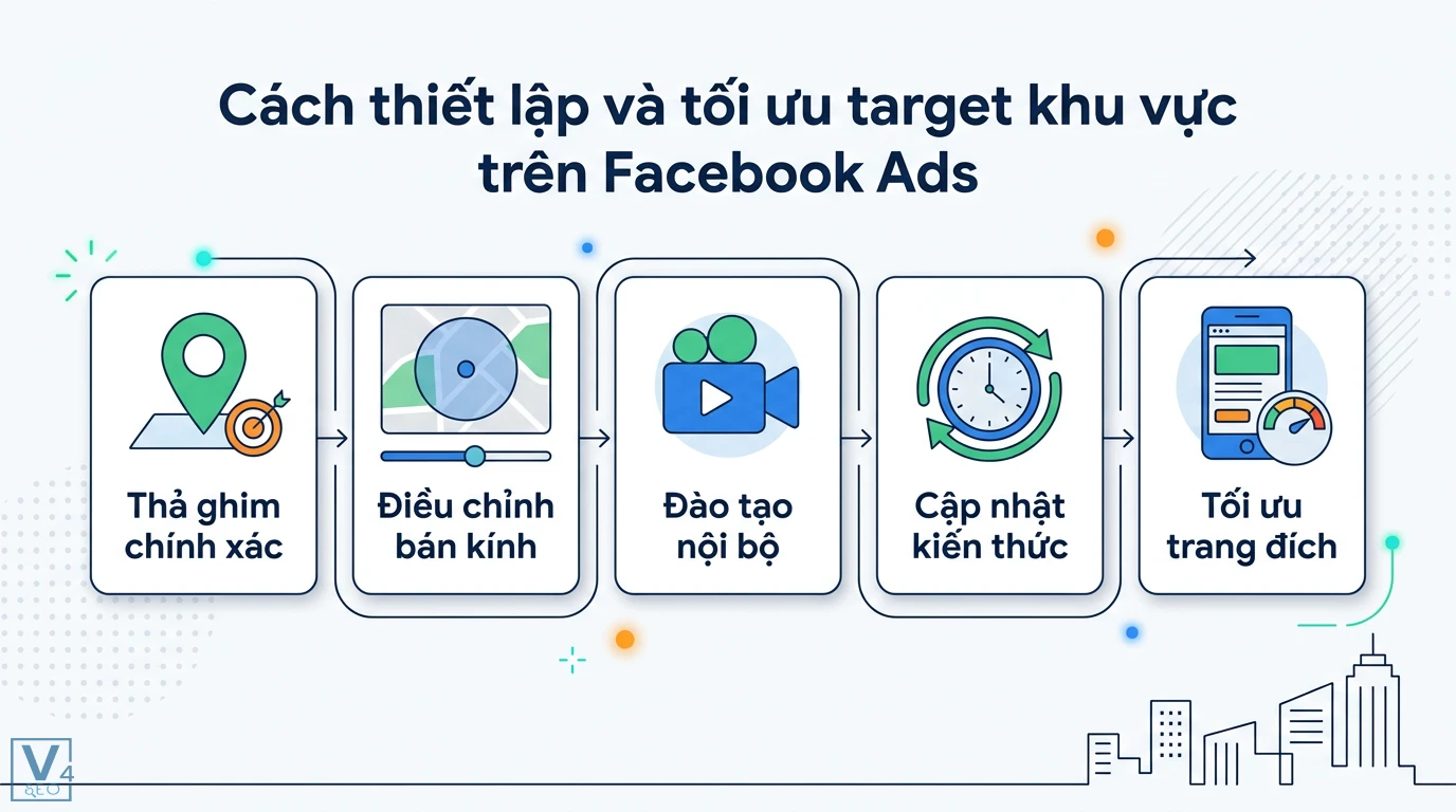 Target khu vực là gì? Bí quyết tối ưu vị trí địa lý tăng chuyển đổi 2 Quy trình tối ưu target khu vực Facebook Ads qua thả ghim chính xác, điều chỉnh bán kính, đào tạo nội bộ, cập nhật kiến thức và tối ưu trang đích