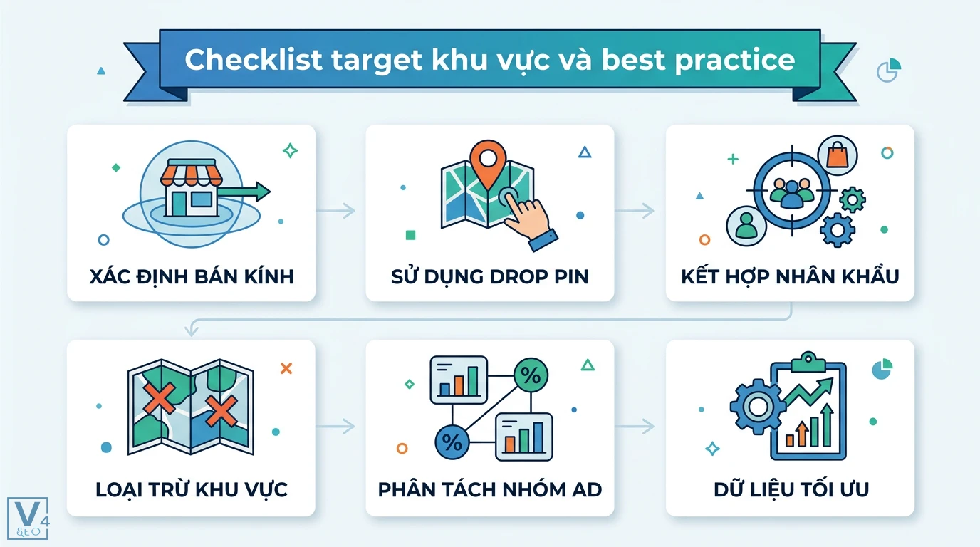 Target khu vực là gì? Bí quyết tối ưu vị trí địa lý tăng chuyển đổi 3 Checklist target khu vực gồm xác định bán kính, sử dụng Drop Pin, nhân khẩu học, loại trừ vị trí, phân tách nhóm ad và tối ưu hóa quảng cáo