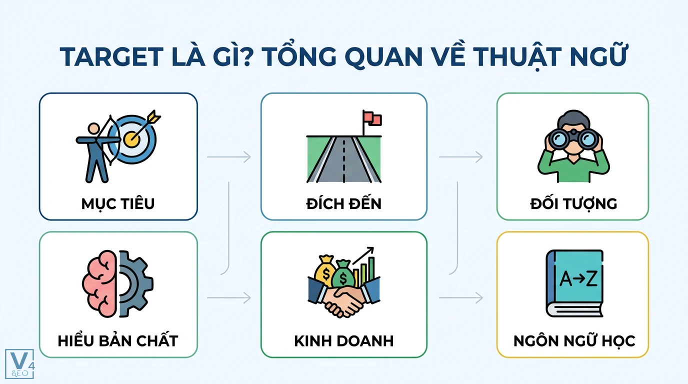 Target ngôn ngữ là gì? Phân biệt ngôn ngữ đích và marketing 1 Target là thuật ngữ chỉ mục tiêu, đích đến và đối tượng hướng tới trong kinh doanh, ngôn ngữ học cùng cách thấu hiểu bản chất vấn đề