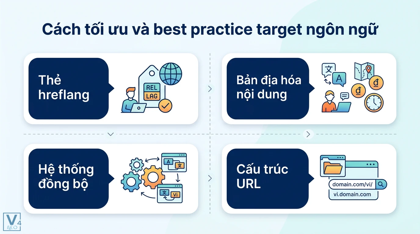 Target ngôn ngữ là gì? Phân biệt ngôn ngữ đích và marketing 2 Tối ưu target ngôn ngữ và best practice với thẻ hreflang, bản địa hóa nội dung, hệ thống đồng bộ và cấu trúc URL thư mục hoặc tên miền phụ