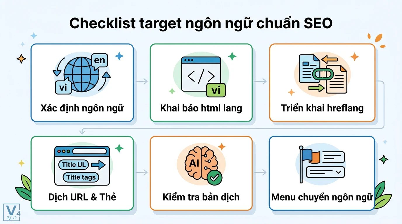 Target ngôn ngữ là gì? Phân biệt ngôn ngữ đích và marketing 3 Checklist target ngôn ngữ chuẩn SEO gồm xác định ngôn ngữ, khai báo html lang, hreflang, dịch URL và thẻ, kiểm tra bản dịch, menu chuyển đổi