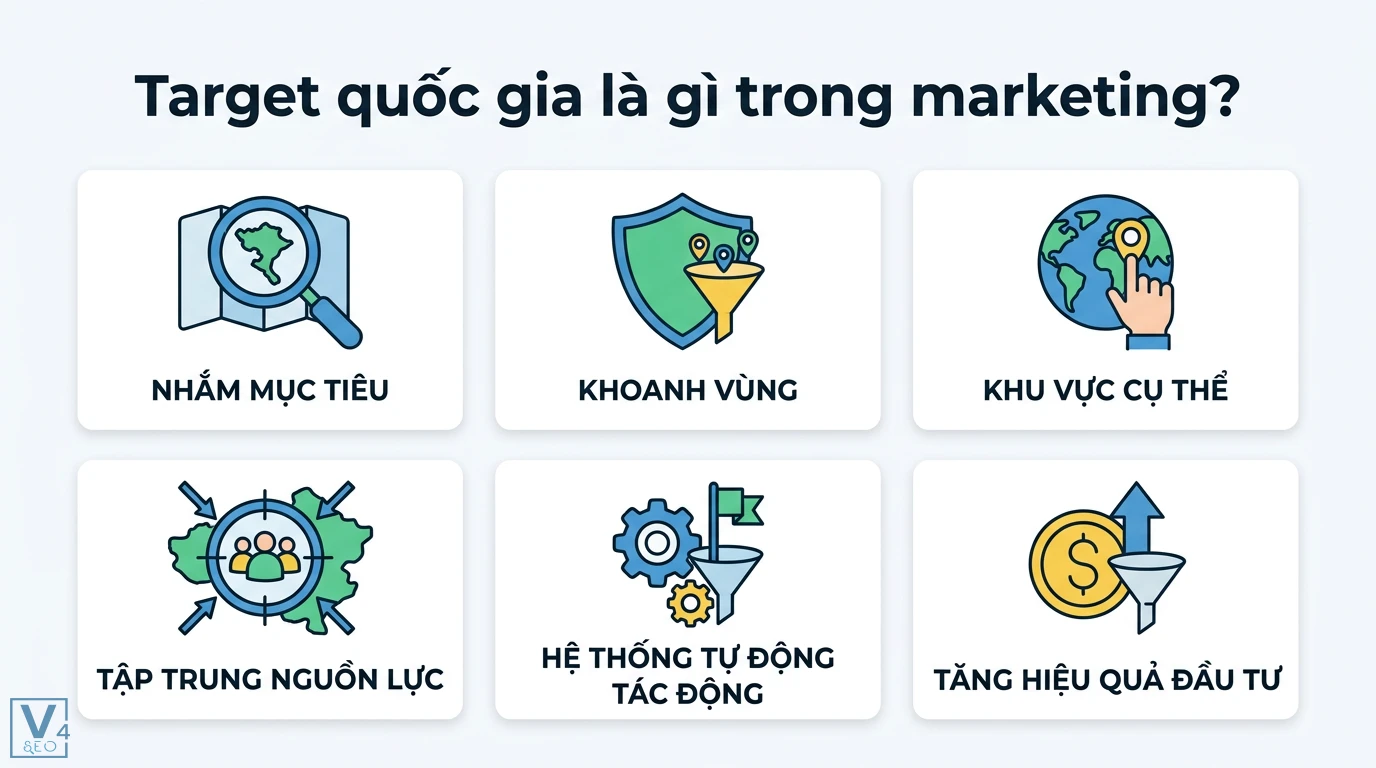 Target quốc gia là gì? Cách nhắm mục tiêu quốc tế để tăng chuyển đổi 1 Target quốc gia giúp nhắm mục tiêu và khoanh vùng khu vực cụ thể để tập trung nguồn lực và tăng hiệu quả đầu tư thông qua hệ thống tự động