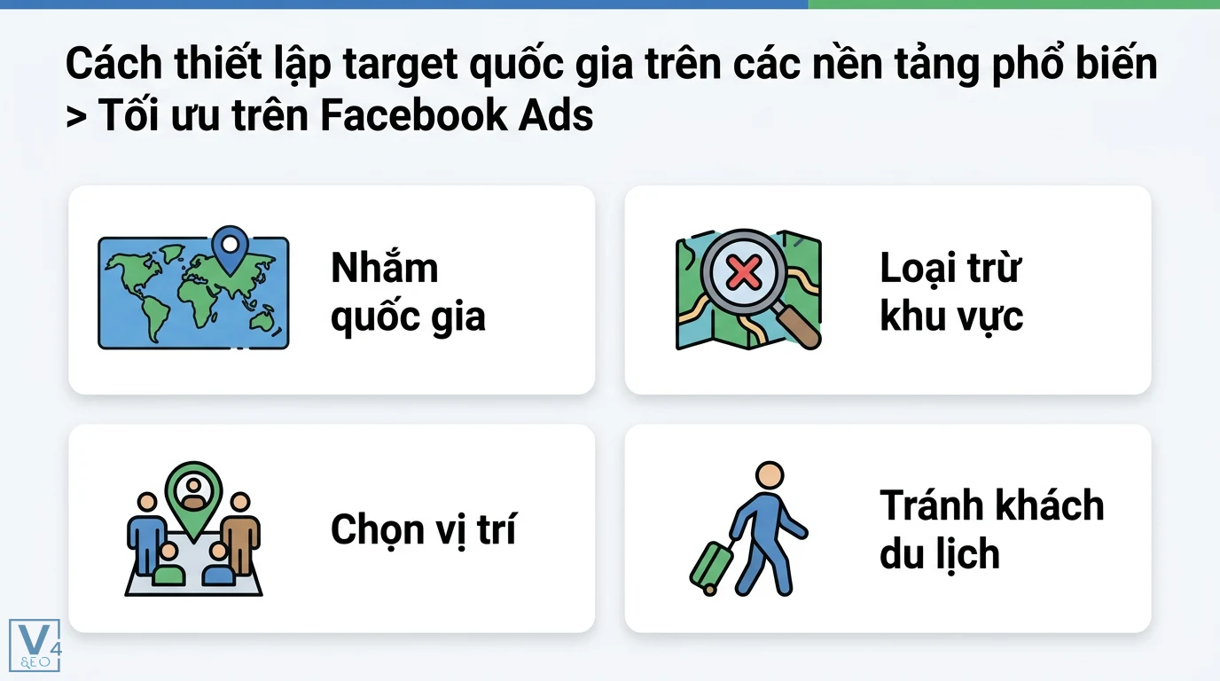 Target quốc gia là gì? Cách nhắm mục tiêu quốc tế để tăng chuyển đổi 2 Thiết lập target quốc gia trên Facebook Ads gồm nhắm quốc gia, loại trừ khu vực, chọn vị trí và tránh khách du lịch để tối ưu chiến dịch