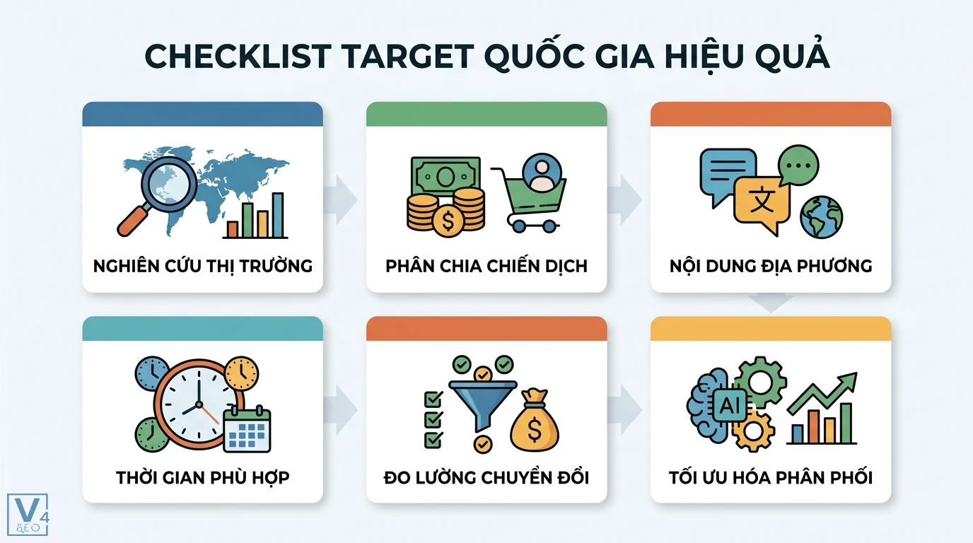 Target quốc gia là gì? Cách nhắm mục tiêu quốc tế để tăng chuyển đổi 3 Checklist target quốc gia gồm nghiên cứu thị trường, phân chia chiến dịch, nội dung địa phương, đo lường chuyển đổi và tối ưu hóa phân phối