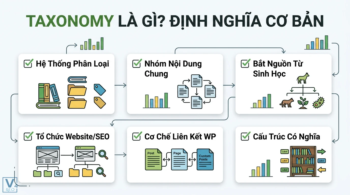 Taxonomy danh mục là gì? Hướng dẫn tối ưu cấu trúc và SEO WordPress 1 Taxonomy là hệ thống phân loại giúp tổ chức dữ liệu website và liên kết bài viết WordPress thành các cụm nội dung có cấu trúc chuẩn SEO