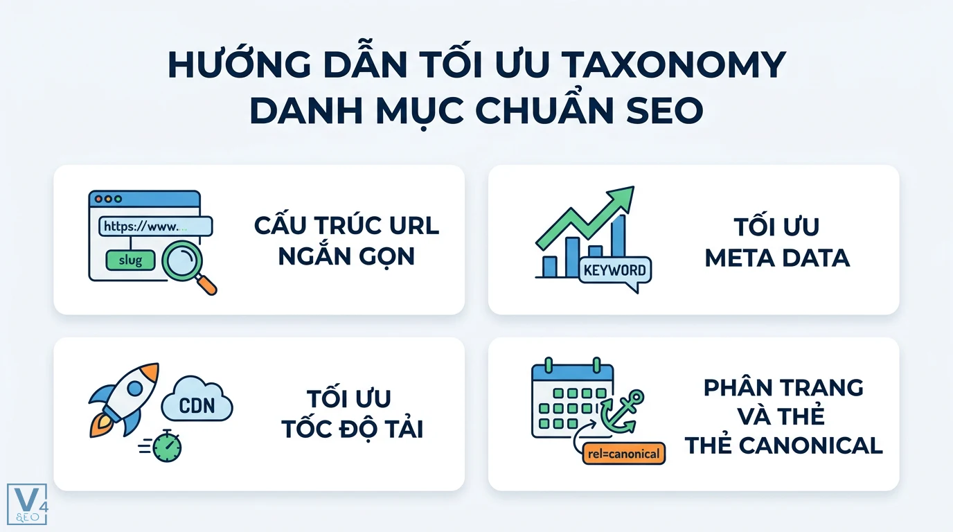 Taxonomy danh mục là gì? Hướng dẫn tối ưu cấu trúc và SEO WordPress 2 Tối ưu taxonomy danh mục chuẩn SEO bằng cấu trúc URL ngắn gọn, meta data, tốc độ tải qua CDN, phân trang và thẻ canonical chuẩn xác