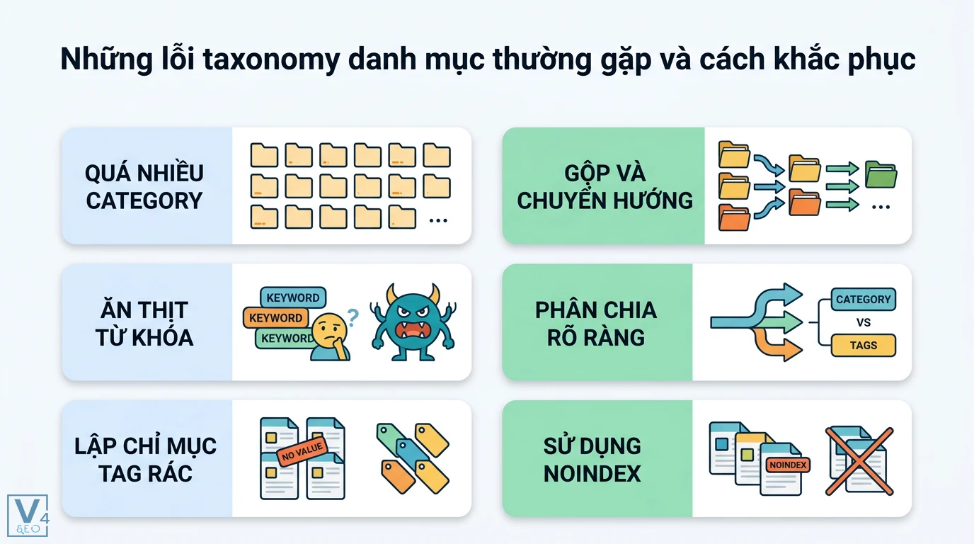 Taxonomy danh mục là gì? Hướng dẫn tối ưu cấu trúc và SEO WordPress 3 Khắc phục lỗi taxonomy danh mục bằng cách gộp category, phân chia rõ ràng tag và sử dụng thẻ noindex cho tag rác để tối ưu SEO website