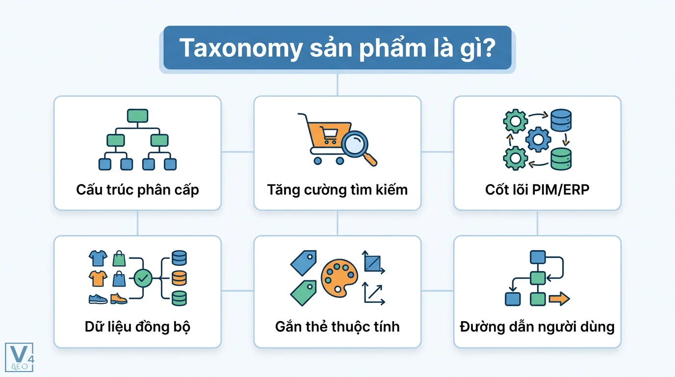 Taxonomy sản phẩm là gì? Cách xây dựng cấu trúc chuẩn SEO và UX 1 Taxonomy sản phẩm tích hợp cấu trúc phân cấp, đồng bộ dữ liệu PIM/ERP và gắn thẻ thuộc tính giúp tăng cường tìm kiếm và đường dẫn người dùng