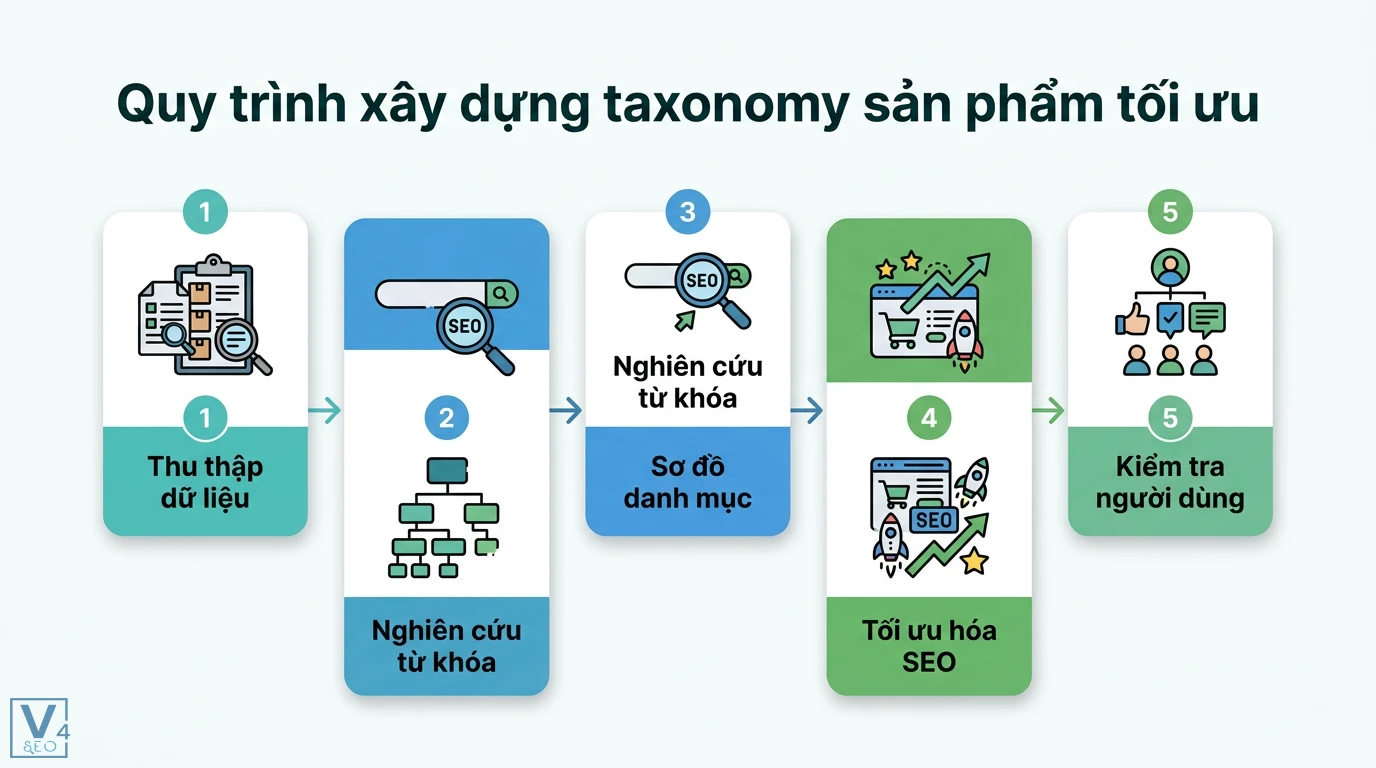 Taxonomy sản phẩm là gì? Cách xây dựng cấu trúc chuẩn SEO và UX 2 Quy trình xây dựng taxonomy sản phẩm tối ưu gồm thu thập dữ liệu, nghiên cứu từ khóa, phân cấp danh mục, tối ưu SEO và kiểm tra người dùng