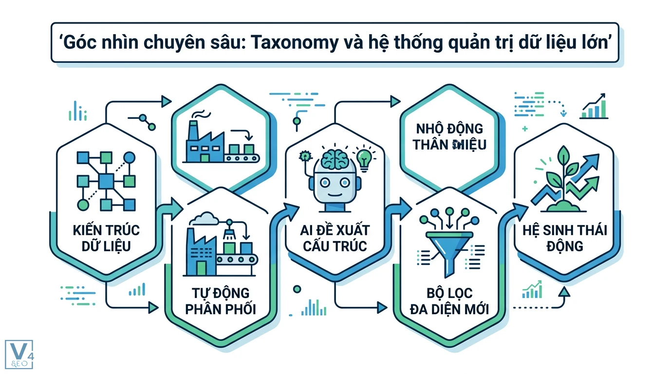 Taxonomy sản phẩm là gì? Cách xây dựng cấu trúc chuẩn SEO và UX 3 Kiến trúc Taxonomy quản trị dữ liệu lớn tích hợp AI đề xuất cấu trúc và bộ lọc đa diện giúp tự động hóa phân phối cho hệ sinh thái động